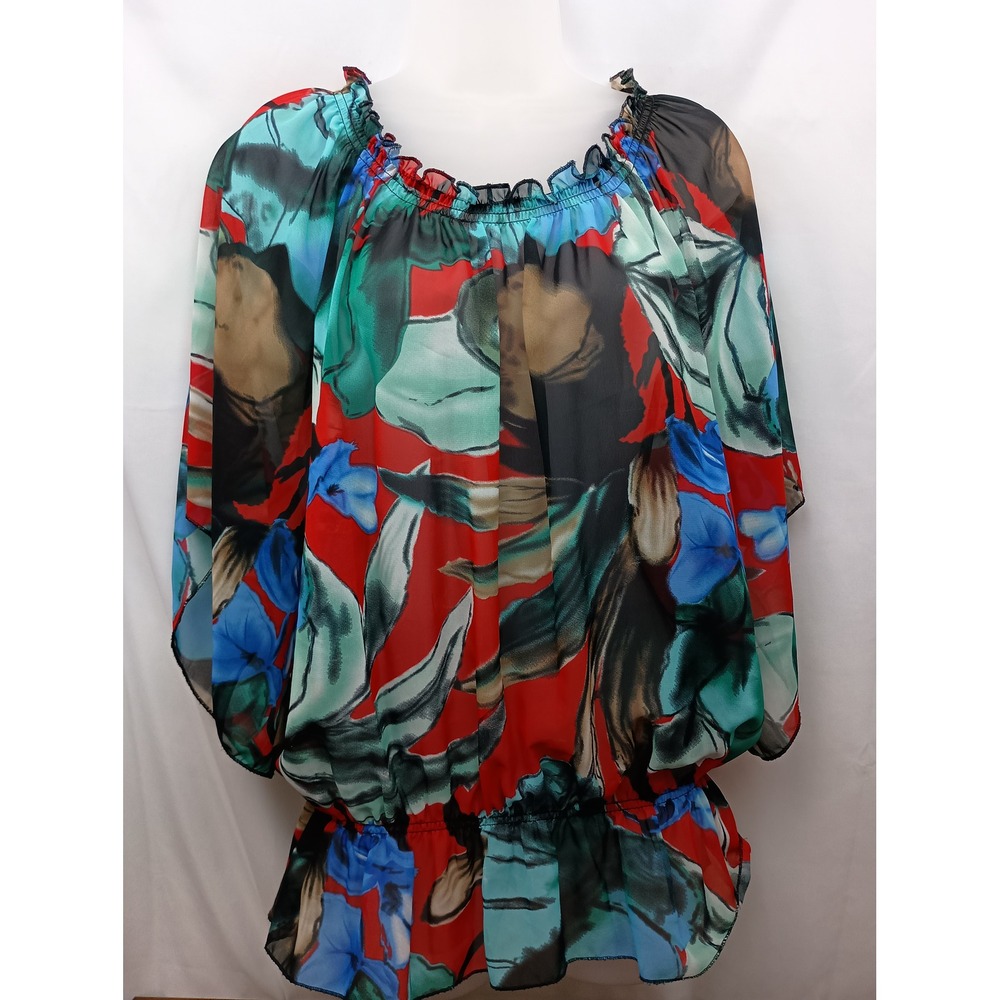 vintage bold watercolor red blue green fun artsy sheer peplum blouse Large party